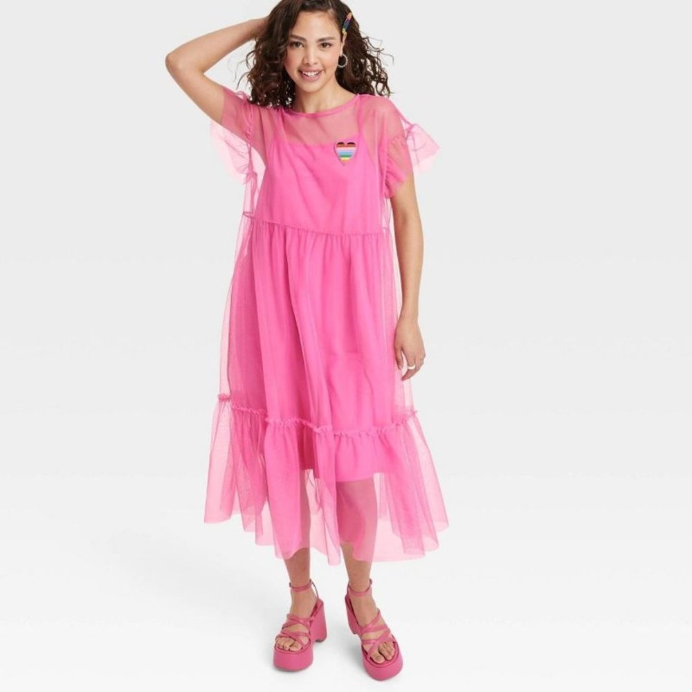 NWT Target Pride Collection 2023 Tulle Heart Rainbow Pink Dress Overlay